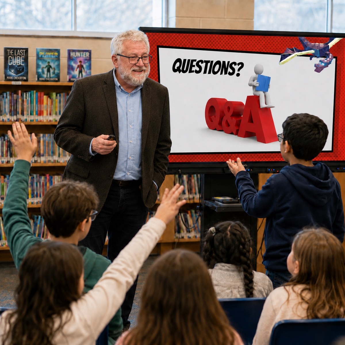 Mark Cheverton takes questions from students in a school library, beside a screen reading “Questions? Q&A,” as several students raise their hands.
