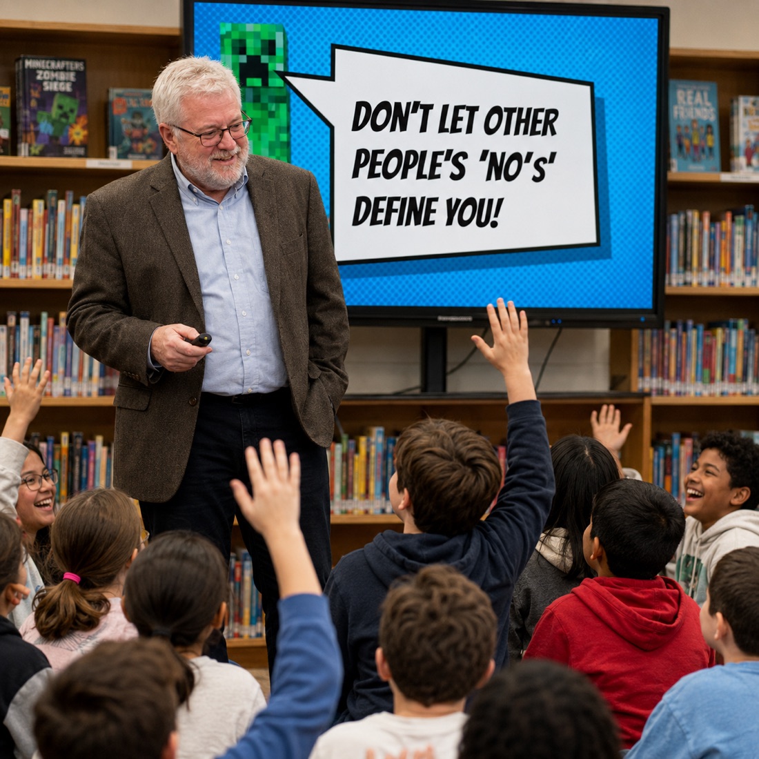 Mark Cheverton presents in a school library as students raise their hands, beside a screen reading “Don’t let other people’s no’s define you.”